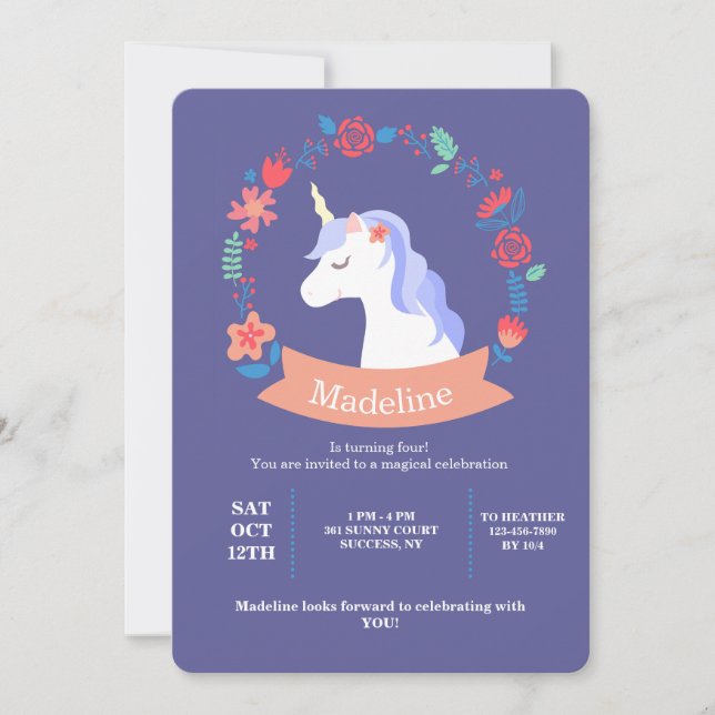 Unicorn with Flowers Invitation (Front)