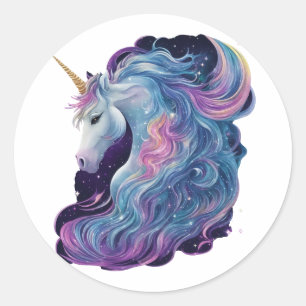 Unicorn with flowing mane surrounded by stars classic round sticker