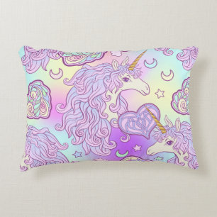Unicorn with multicolored mane, butterfly rainbow, decorative cushion