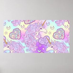 Unicorn with multicolored mane, butterfly rainbow, poster