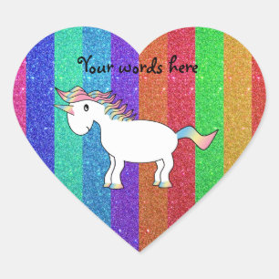 Unicorn with rainbow glitter stripes heart sticker