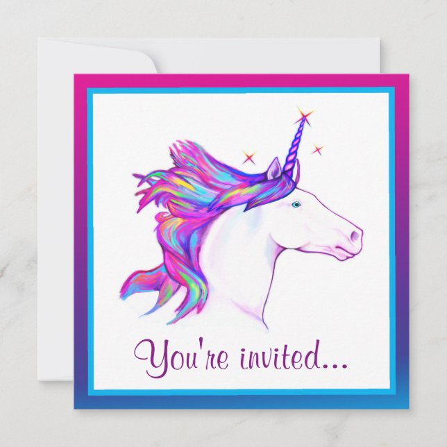 Unicorn with Rainbow Mane Happy Birthday Invitation (Front)