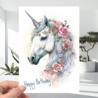 Unicorn with Roses and Flowers - Any age Birthday