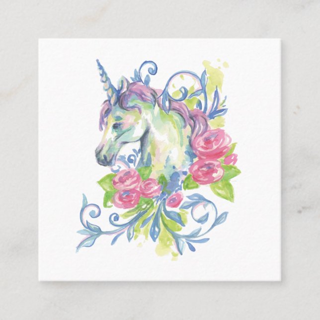 Unicorn with roses square business card (Front)