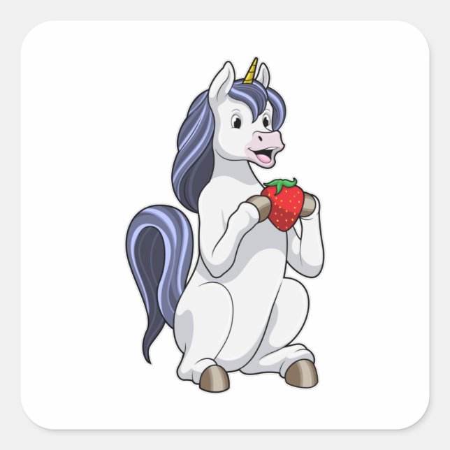 Unicorn with Strawberry Fruit Square Sticker (Front)