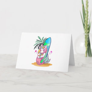 Unicorn with surfboard on the beach card