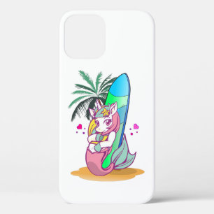 Unicorn with surfboard on the beach iPhone 12 case