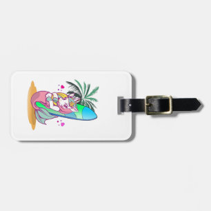 Unicorn with surfboard on the beach luggage tag