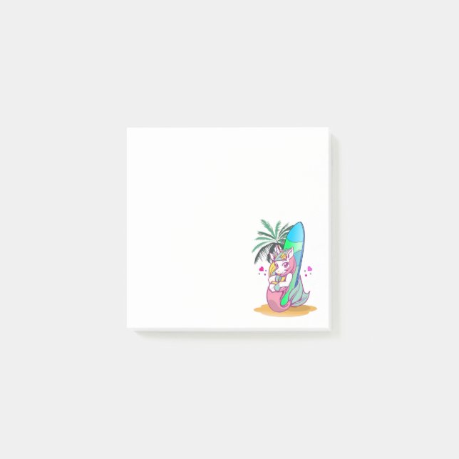 Unicorn with surfboard on the beach post-it notes (Front)