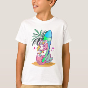 Unicorn with surfboard on the beach T-Shirt