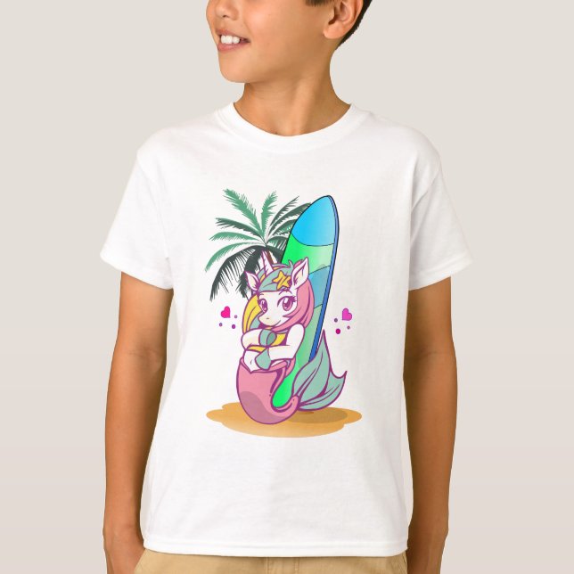 Unicorn with surfboard on the beach T-Shirt (Front)