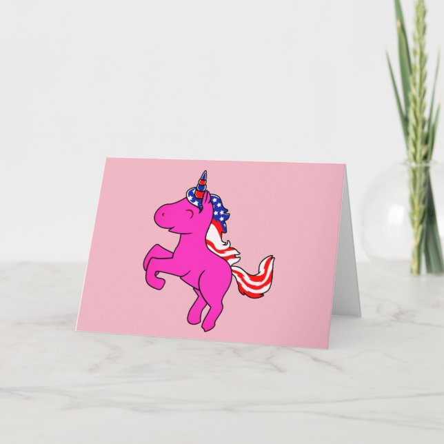 Unicorn Yarrow Pink Patriotic USA Flag Mane Art Card (Front)