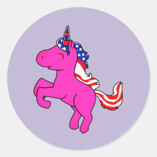 Unicorn Yarrow Pink Patriotic USA Flag Mane Art Classic Round Sticker