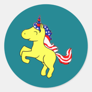 Unicorn Yellow Patriotic USA Flag Mane Cartoon Classic Round Sticker