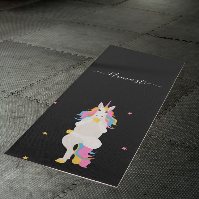 Unicorn yoga poses cute fun black namaste yoga mat (Creator Uploaded)