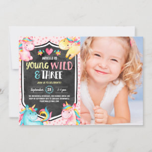 Unicorn Young Wild & Three Birthday Party Photo Invitation