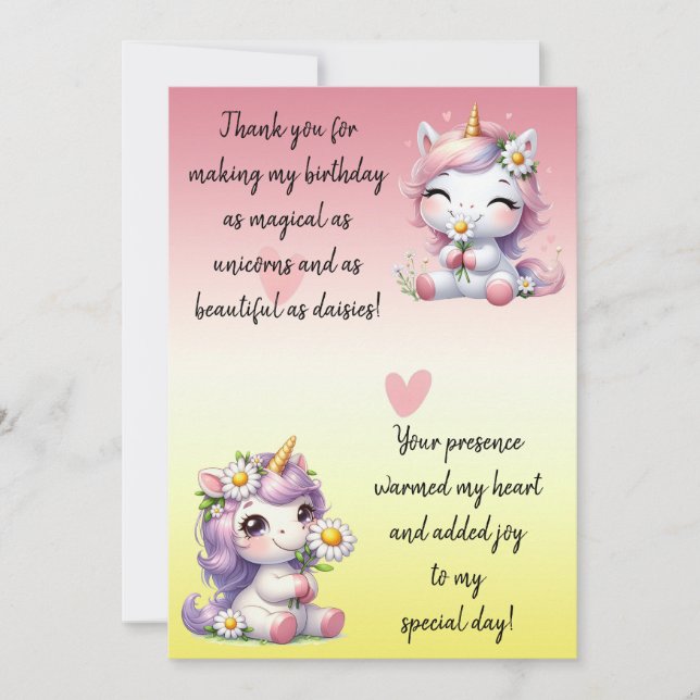 Unicorns and daisies, birthday party Thank You Card (Front)