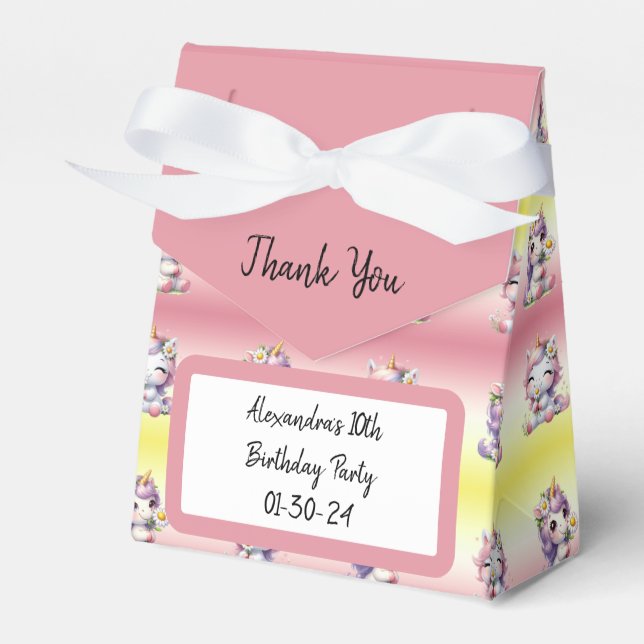 Unicorns and daisies, birthday party thank you favour box (Front Side)