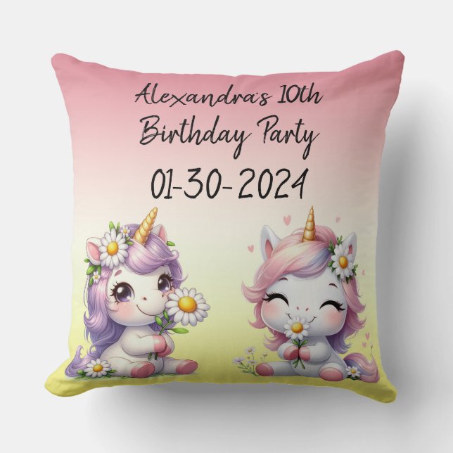 Unicorns and daisies, child's birthday party cushion (Front)