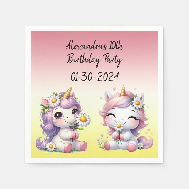 Unicorns and daisies, child's birthday party napkin (Front)