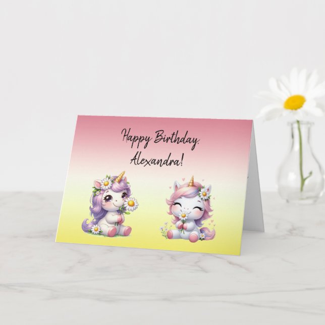 Unicorns and daisies, "Happy Birthday" Card (Small Plant)