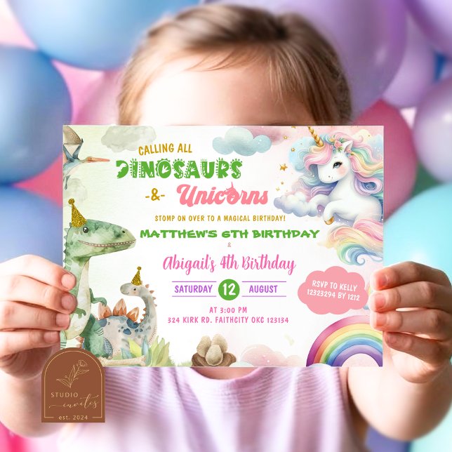 Unicorns and Dinosaur Joint Birthday Invitation (Creator Uploaded)
