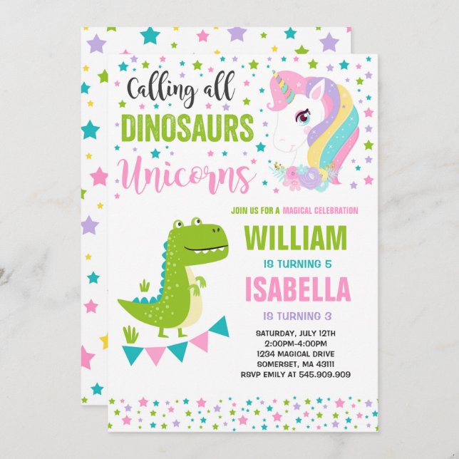 Unicorns And Dinosaurs Birthday Invitation Magical (Front/Back)