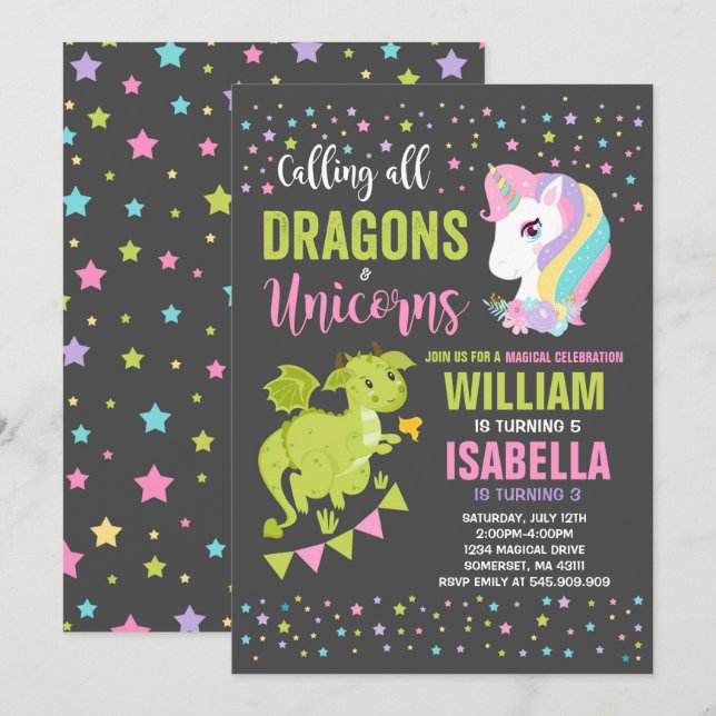 Unicorns And Dragons Birthday Invitation Magical (Front/Back)