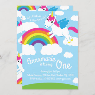 Unicorns and Rainbow 1st Birthday Cute Invitations