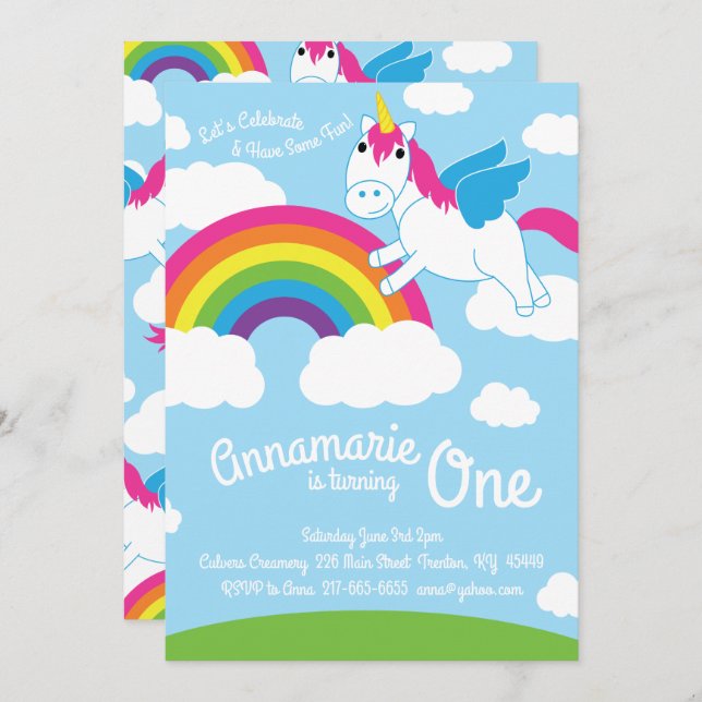 Unicorns and Rainbow 1st Birthday Cute Invitations (Front/Back)