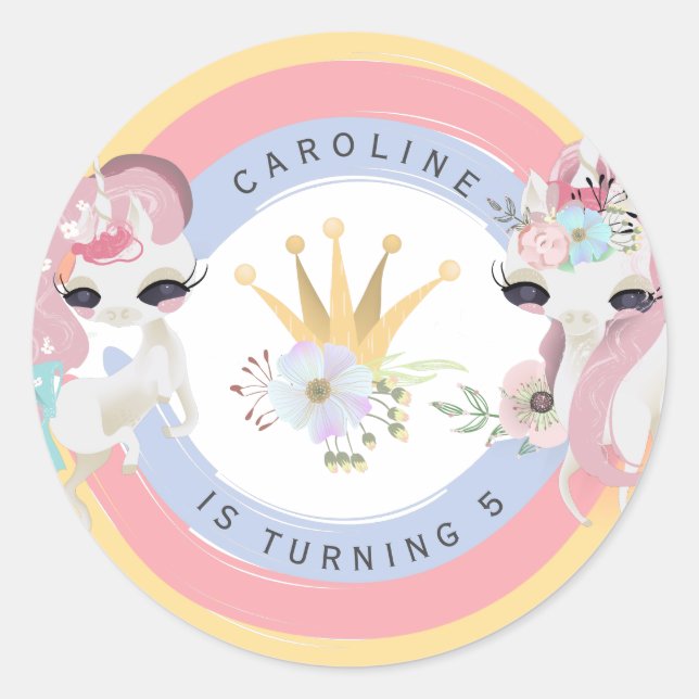 Unicorns and rainbow girl birthday party classic round sticker (Front)