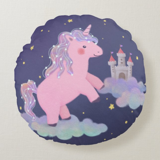 Unicorn's Dream Fantasy Illustration Round Cushion (Front)