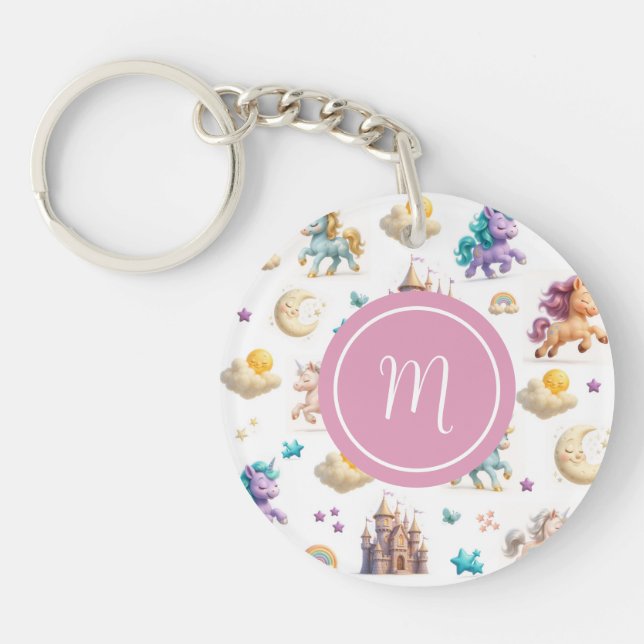 Unicorns & Fairytale Castle - Whimsical Fantasy Key Ring (Front)