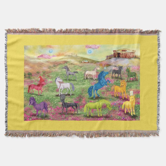 Unicorns From Unimaise Fringe Blanket - Yellow (Front)