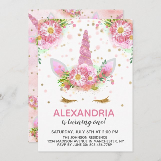 Unicorns in Bloom Birthday Invitation (Front/Back)