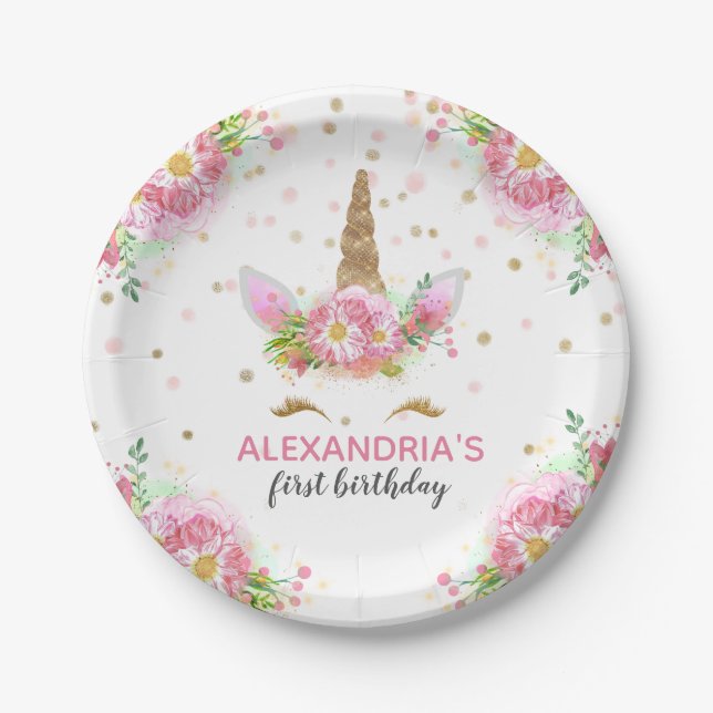 Unicorns in Bloom Paper Plate (Front)