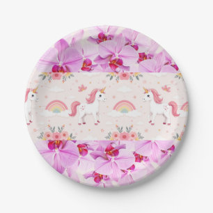 Unicorns & Orchids, Rainbows, Flowers, Party Paper Plate