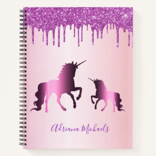 Unicorns pink purple glitter name notebook