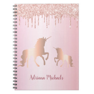 Unicorns pink rose gold glitter name notebook