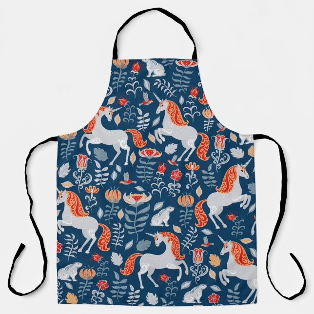 Unicorns,rabbits,birds,flowers on a blue backgroun apron (Front)