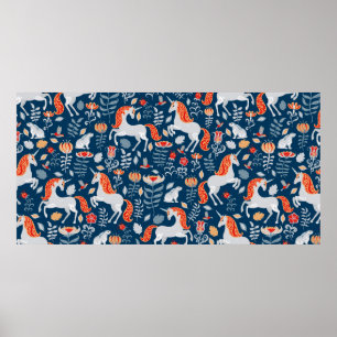 Unicorns,rabbits,birds,flowers on a blue backgroun poster