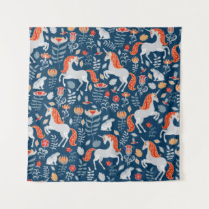 Unicorns,rabbits,birds,flowers on a blue backgroun tapestry