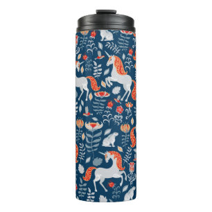 Unicorns,rabbits,birds,flowers on a blue backgroun thermal tumbler