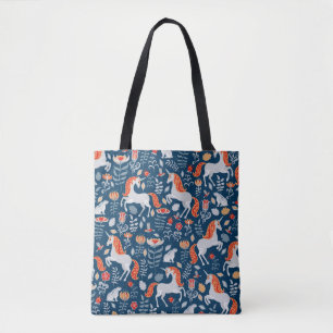 Unicorns,rabbits,birds,flowers on a blue backgroun tote bag