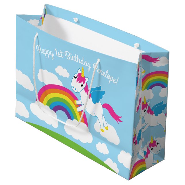 Unicorns & Rainbows Cute 1st Birthday Party Theme Large Gift Bag (Front Angled)