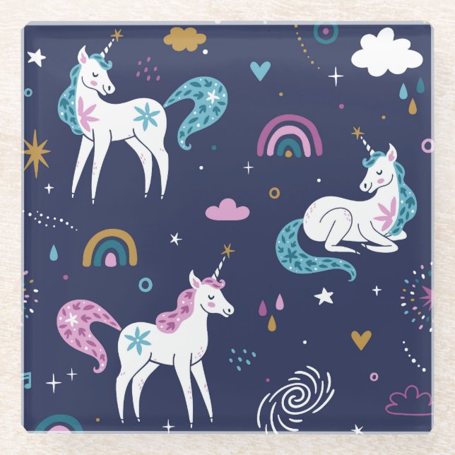 Unicorns Rainbows: Cute Cartoon Seamless Glass Coaster (Front)