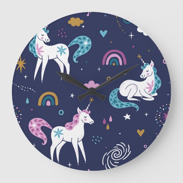 Unicorns Rainbows: Cute Cartoon Seamless Large Clock (Front)