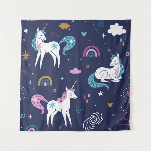 Unicorns Rainbows: Cute Cartoon Seamless Tapestry (Front)