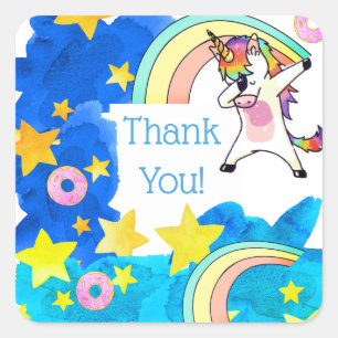 Unicorns Rainbows Doughnuts in Blue Starry Sky Cus Square Sticker