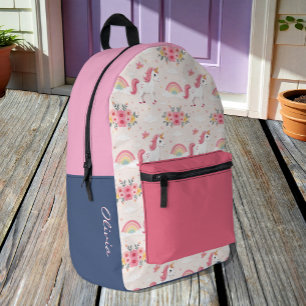 Unicorns, Rainbows, Flowers, Name / Modern Printed Backpack